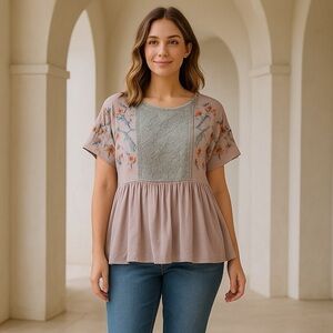 NWT JODIFL Embroidered Lace Panel Peplum Blouse Blush Pink Size S